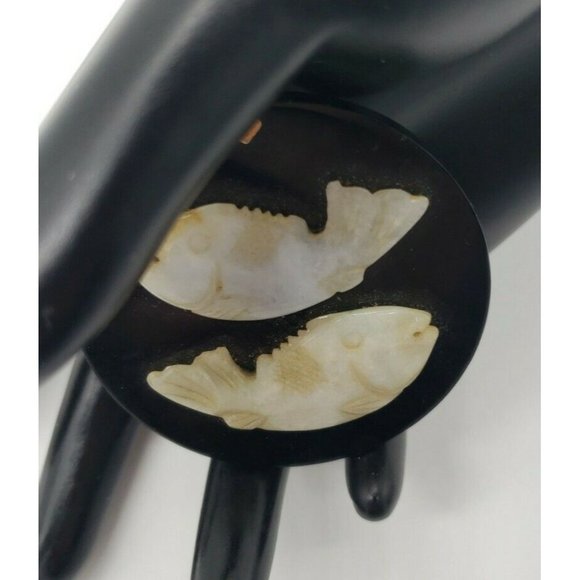 OOAK Green Carved Fish Jadeite Jade Black Onyx Round 14K Yellow Gold Pendant - Picture 4 of 12